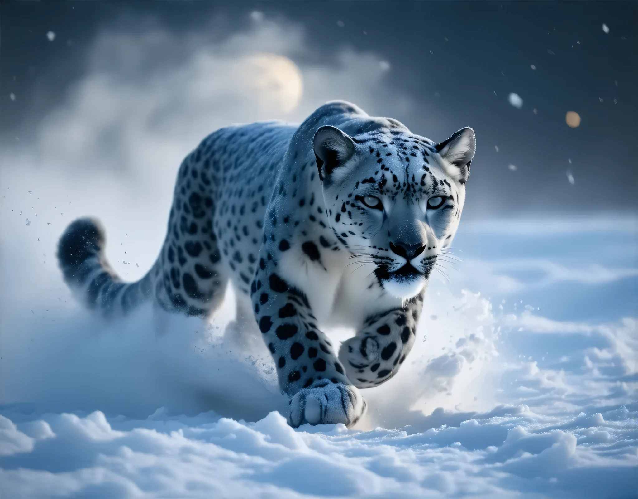 (8k, top quality, Masterpiece , Final Fantasy Style: 1.2),Atmospheric perspective, 8K, Very detailed, A snowy field on a quiet night, A snowy field at a quiet night, a snow leopard wearing pure white winter fur, A snow leopard furiously leaping towards its prey, keen eyes, dynamic, ferocious, murderous, Moonlit night, clear air, night fog, sparkling ice particles in the air, , The sky turns eerily purple