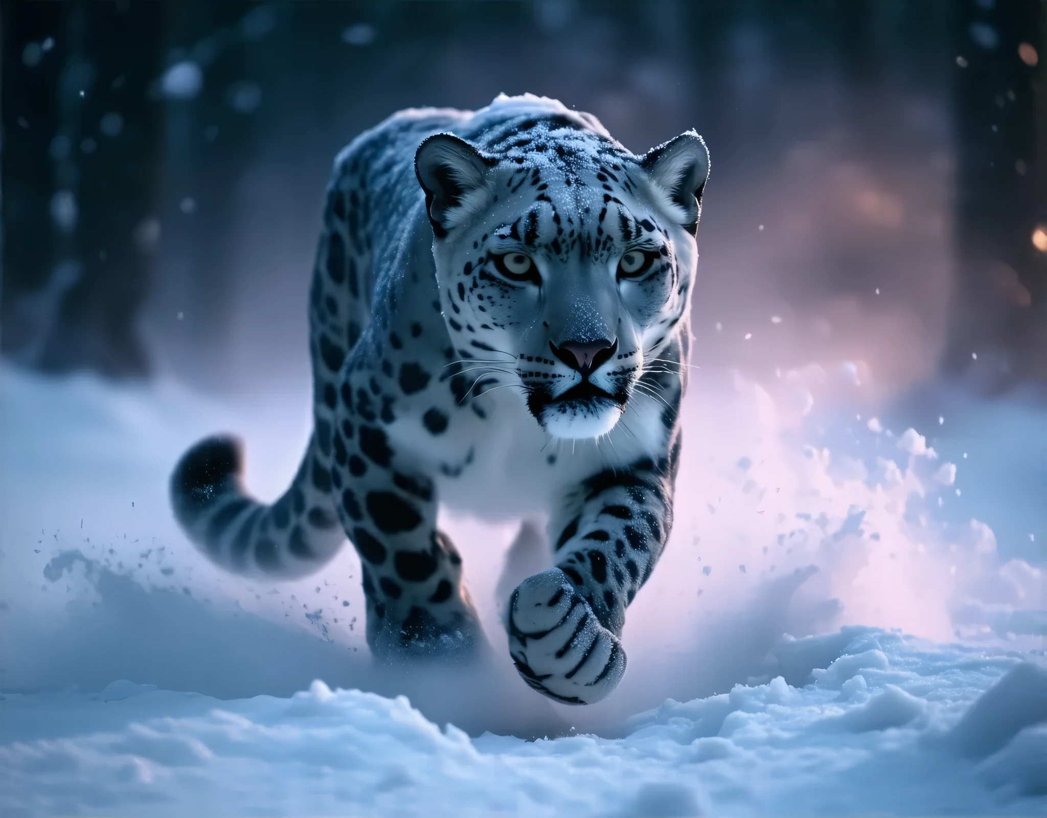 (8k, top quality, Masterpiece , Final Fantasy Style: 1.2),Atmospheric perspective, 8K, Very detailed, A snowy field on a quiet night, A snowy field at a quiet night, a snow leopard wearing pure white winter fur, A snow leopard furiously leaping towards its prey, keen eyes, dynamic, ferocious, murderous, Moonlit night, clear air, night fog, sparkling ice particles in the air, , The sky turns eerily purple