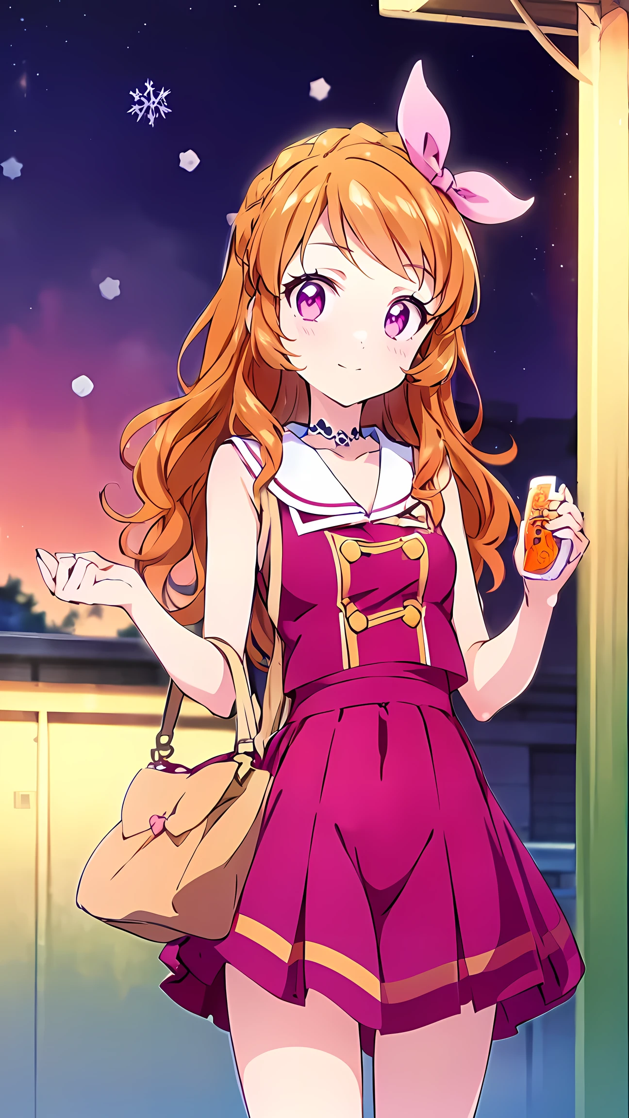  orange hair，One person， pink ribbon，Akari Ozora，((masutepiece)), ((Best Quality)), (Ultra-detailed), anime style ，Idol Academy ，consider，Aikatsu characters， Official Anime Item ， breast size is c cup，With a snowy night in the background，8k，4K，16k， high school idol ，Photo Collection，Face is front，Anime Coloring Book，She is 155 cm tall.， ichigo hoshimiya，Be aware of only the color scheme Giantess ， the best smile I can only show you，A scene from an anime，Natural skin color，Make the outline line natural，Clear Filters ，Clumsy  but hard work ，Workmanship not visible in the illustration