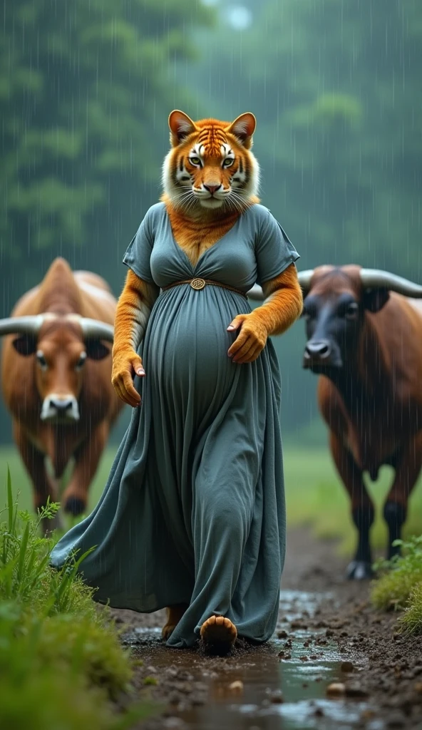 close up shot of an attractive tiger vampire, tigress vampire, dark transparent cloak, midriff, ((smiling)), (huge hips:1.2, huge pregnant belly:1.1), cleavage, scarf, gloomy island, ruins, night