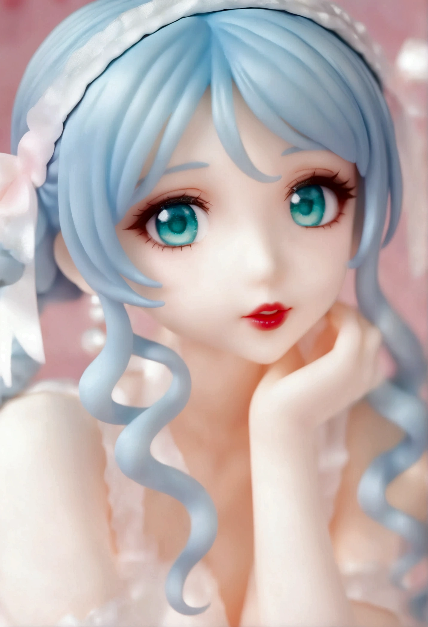  Light Blue Hair ,  turquoise eyes , Long eyelashes, Big red lips, Almond Eyes, beauty,  girls , curls, Princess