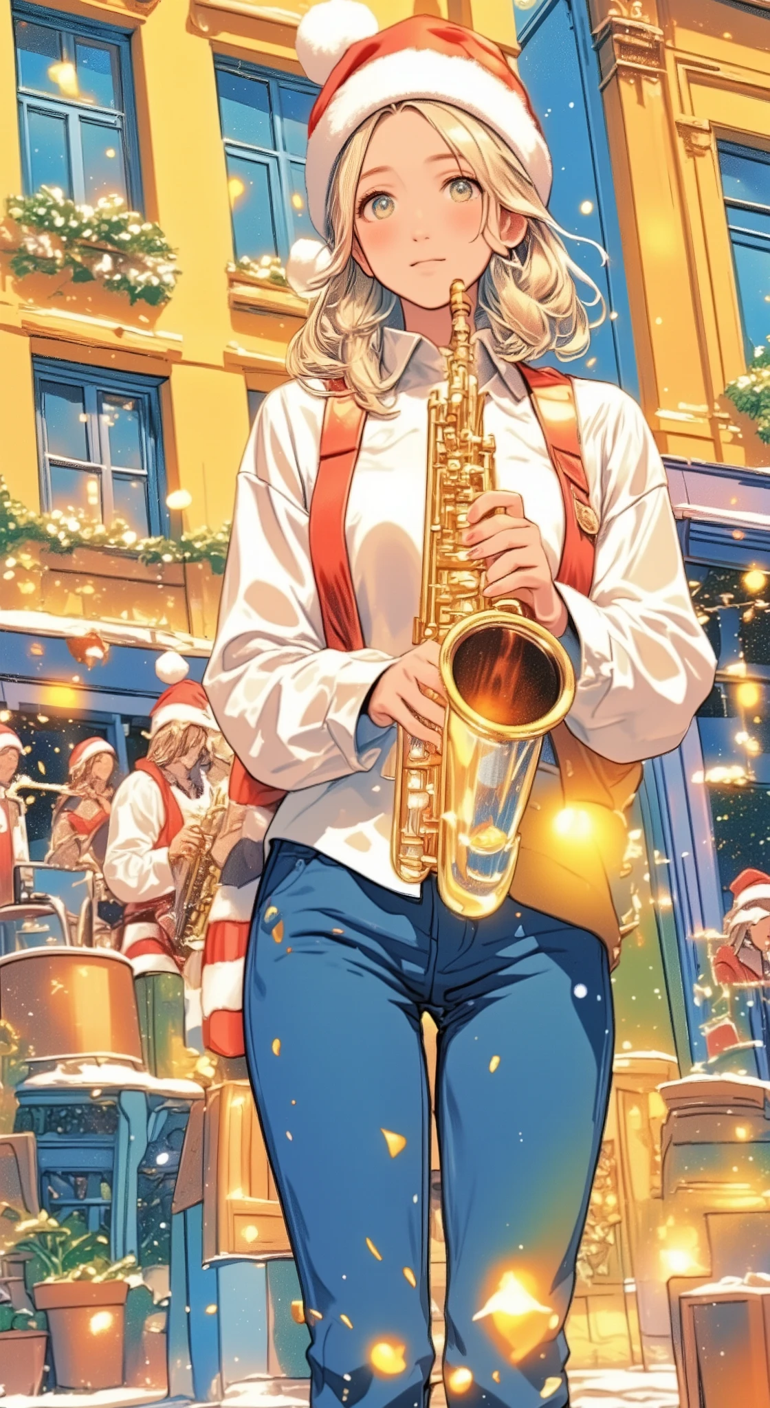 Group of street musicians dressed as Santa Claus playing music on the street, Jazzy and intense sound like Dizzy Gillespie, Europe, Apple Pie Scent, Yorkshire tea, Assosiation, dodger blue illustration, egyptian blue illustration, aroma, Universe, oriental blue illustration, for you, Christmas illustration, ultramarine illustration, beautiful lady, Stylish scenery and view, Illustration with cornflower blue as the main color, Bristol, Xmas illustration, village, royal blue illustration