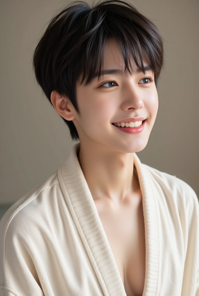 handsome mix korean japanese ten year old, boy, short black hair, black detailed eyes, gentle smile, sharp eyebrows, round face, cool, detailed face, small nose, in beige bathrobe, facing left side