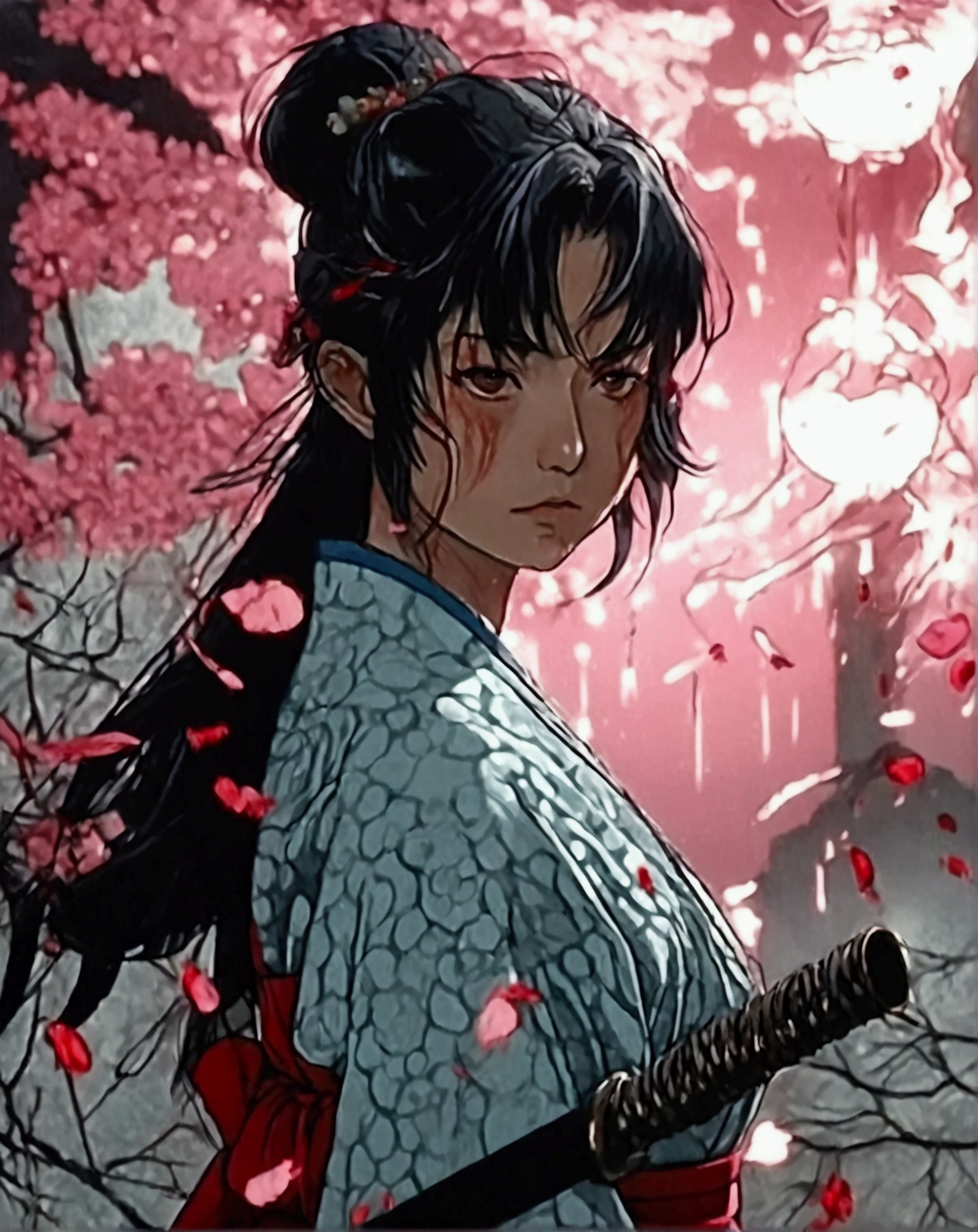 score_9, score_8_up, score_7_up, woman with black jinbei, unsheathing a crimson glowing katana in front of his face, sakura petals flying around, serious face, evil eyes, Dark Background, Mystical Light Falls on her, intricate details, Epic picture, Epic scene, dramatic lighting, high budget, bokeh, cinemascope, moody, epic, gorgeous, film grain, grainy, masterpiece, best quality, 