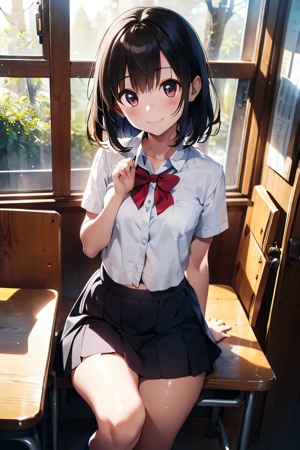 (extremely high quality artwork), (extremely detailed CG 8k), (masterpiece) ,(extremely cute girl), short, (innocent face), ((innocent smile)), shiny hair, (slim body), small breasts, ((beautiful detailed eyes)), brown eyes, (clear eyes), (eyes with brightness), correct finger shape, correct number of fingers, look at viewer, (school uniform), (short skirt), (sagging skirt), midriff peek, navel-baring, (thighs), beautiful skin, pale skin, shiny skin, (bright color), vibrant colors, uninhabited forest, natural light, (glare),