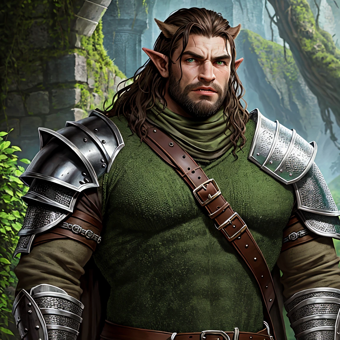 Portrait of a (half-orc (male) warrior), front view, (medium shot:1.3), one person standing, stooped build, tall and muscular build, long messy dark brown hair and beard, thick bushy eyebrows
BREAK
green eyes
BREAK
olive brown skin, pointed ears, (huge hyper-masculine lower jaw:1.5), (2 large lower canines pointed upwards similar to a boar’s tusks:1.2), (Dungeons and Dragons orcish features:1.1)
BREAK
wearing fantasy world costume of green and brown clothing under (chainmail armor) with a metal breastplate, realistic background of a fantasy world, (Dungeons_and_Dragons:1.2), (Game_of_Thrones), castle stone ruin, far torch lit on background, realistic, (photorealistic:1.3), light reflection