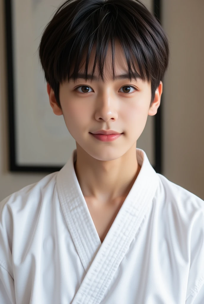 handsome mix korean japanese ten year old, boy, short black hair, black detailed eyes, gentle smile, sharp eyebrows, round face, cool, detailed face, small nose, in karate gi, staring at the left side, ready to fight the oponent on the left