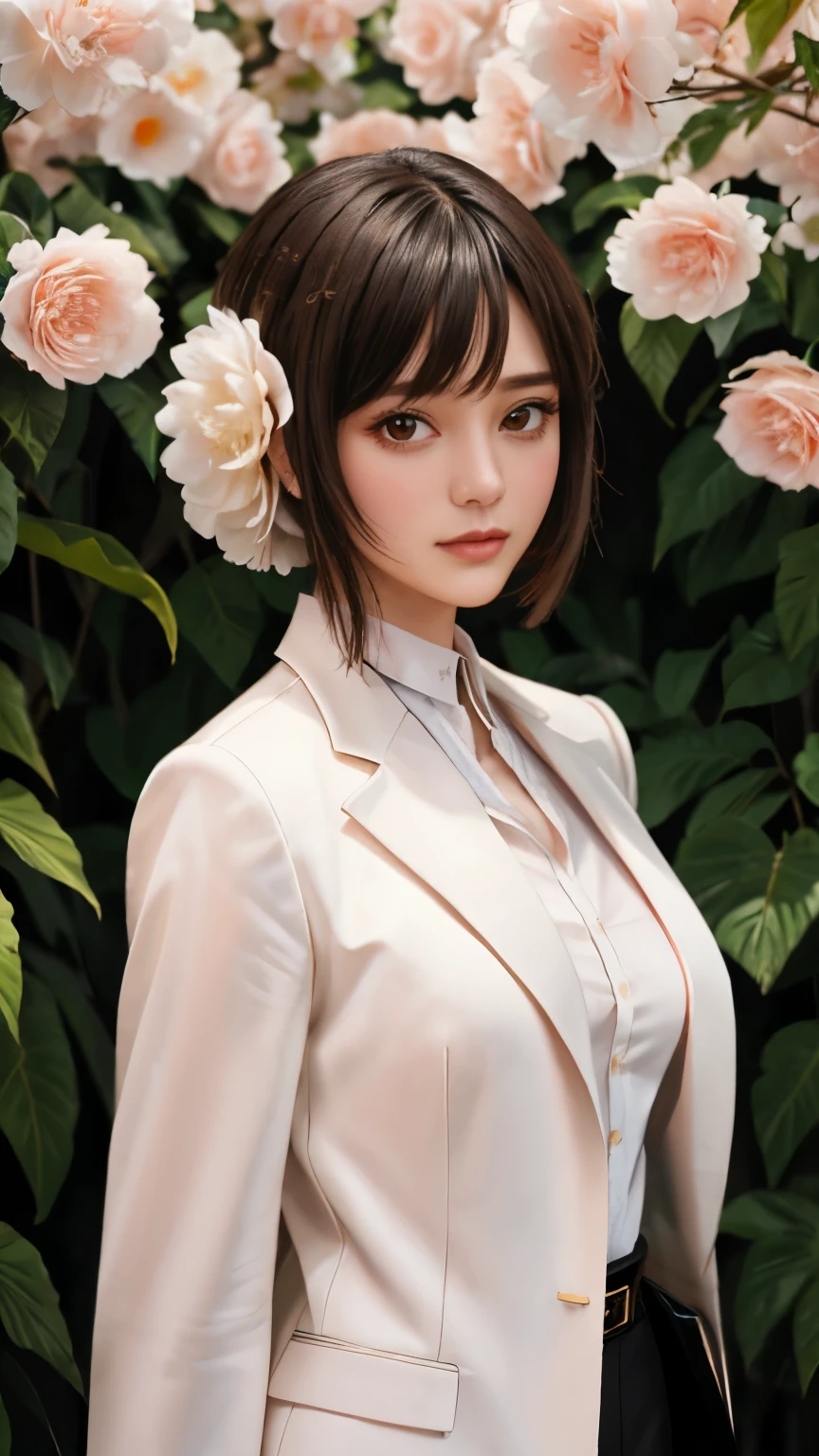 fully body photo，((pores))，fashion magazine，sophisticated haircut，ultrarealism oil painting，（Pure white parrot），white business suit，DEEP-V COLLAR，（long-haired neutral woman），((a mature female))，Pink big breasts，Plant cover background，The style of artist Bruce Zheng，shinny hair，cowboy lens，art-deco，Verism，blooms，Award-Awarded，retinas