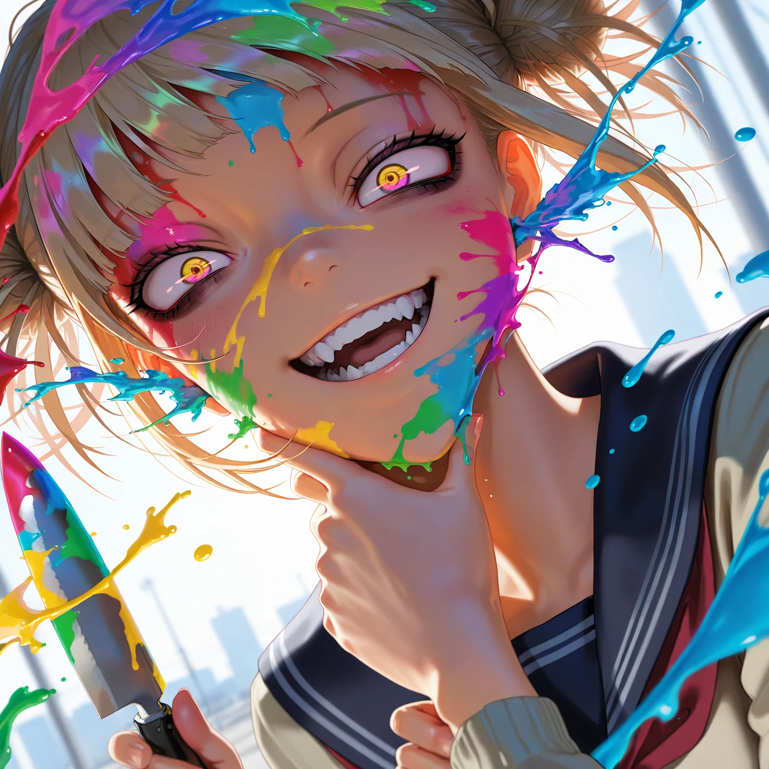 masterpiece,  top quality,  great quality,   very aesthetic ,  absurd,  up to date, scenery,   1 girl , toga himiko, teeth,  open mouth, Blood on face, smile,  Double Bang ,  Crazy Eyes,  high heel jewelry holding a knife ,  Place your hand on your cheek,  upper body, The backlight on my school uniform , the above,  Dutch Angle , , close-up, Photorealistic,  Dutch Angle , ( colorful ), the above, ((( paint splashes ))), fish-eye , , masterpiece,  top quality,  great quality,   very aesthetic ,  absurd,  up to date, scenery,  volume lighting 