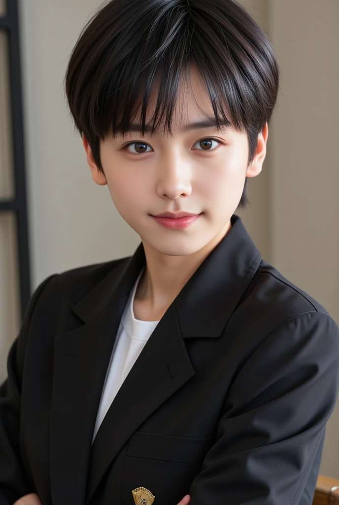 handsome mix korean japanese ten year old, boy, short black hair, black detailed eyes, gentle smile, sharp eyebrows, round face, cool, detailed face, small nose, in black suit, in a fighting pose, preparing to face off at the opponent on the left