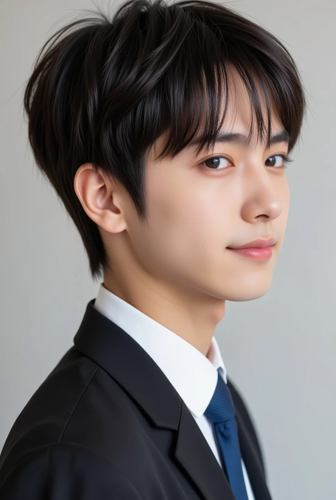 handsome mix korean japanese ten year old, boy, short black hair, black detailed eyes, gentle smile, sharp eyebrows, round face, cool, detailed face, small nose, in black suit and blue tie. (((((side profile)))))