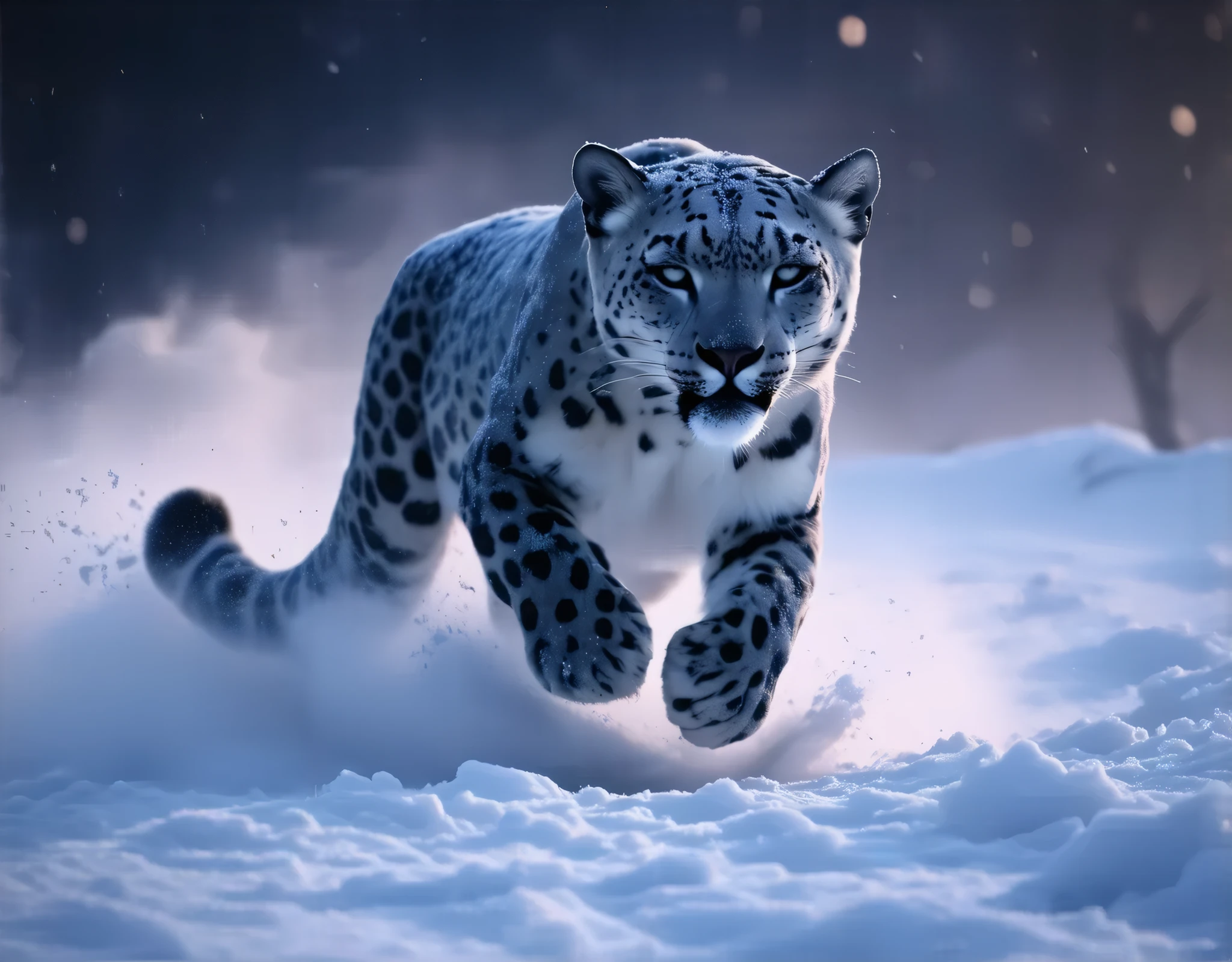 (8k, top quality, Masterpiece , Final Fantasy Style: 1.2),Atmospheric perspective, 8K, Very detailed, A snowy field on a quiet night, A snowy field at a quiet night, a snow leopard wearing pure white winter fur, A snow leopard furiously leaping towards its prey, keen eyes, dynamic, ferocious, murderous, Moonlit night, clear air, night fog, sparkling ice particles in the air, , The sky turns eerily purple