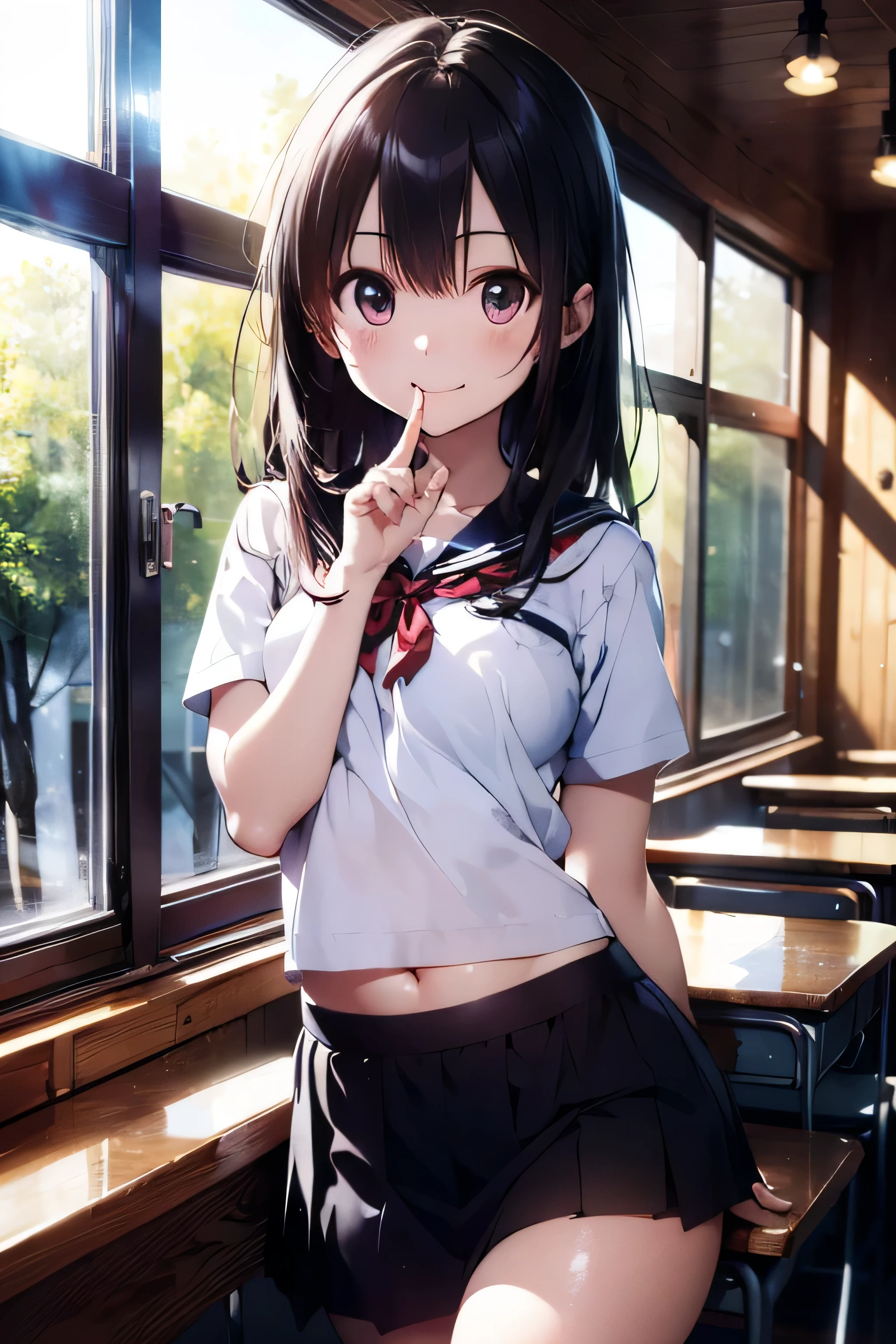 (extremely high quality artwork), (extremely detailed CG 8k), (masterpiece) ,(extremely cute girl), short, (innocent face), ((innocent smile)), shiny hair, (slim body), small breasts, ((beautiful detailed eyes)), brown eyes, (clear eyes), (eyes with brightness), correct finger shape, correct number of fingers, look at viewer, (school uniform), (short skirt), (sagging skirt), midriff peek, navel-baring, (thighs), beautiful skin, pale skin, shiny skin, (bright color), vibrant colors, uninhabited forest, natural light, (glare),