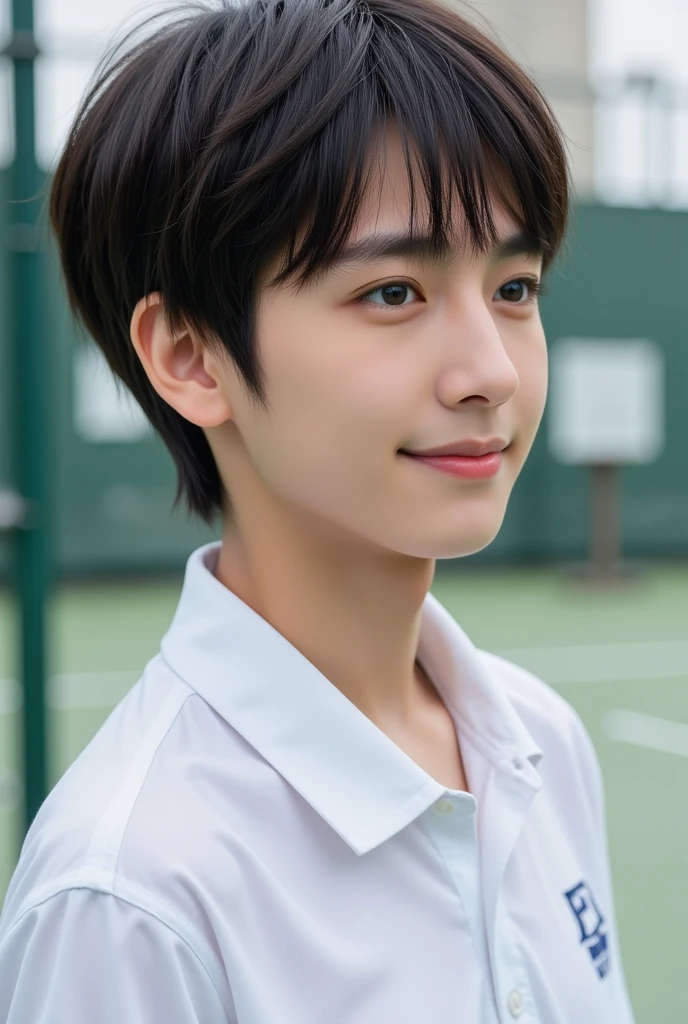 handsome mix korean japanese ten year old, boy, short black hair, black detailed eyes, gentle smile, sharp eyebrows, round face, cool, detailed face, small nose, in tennis attire. (((((side profile))))) ((((facing right))))