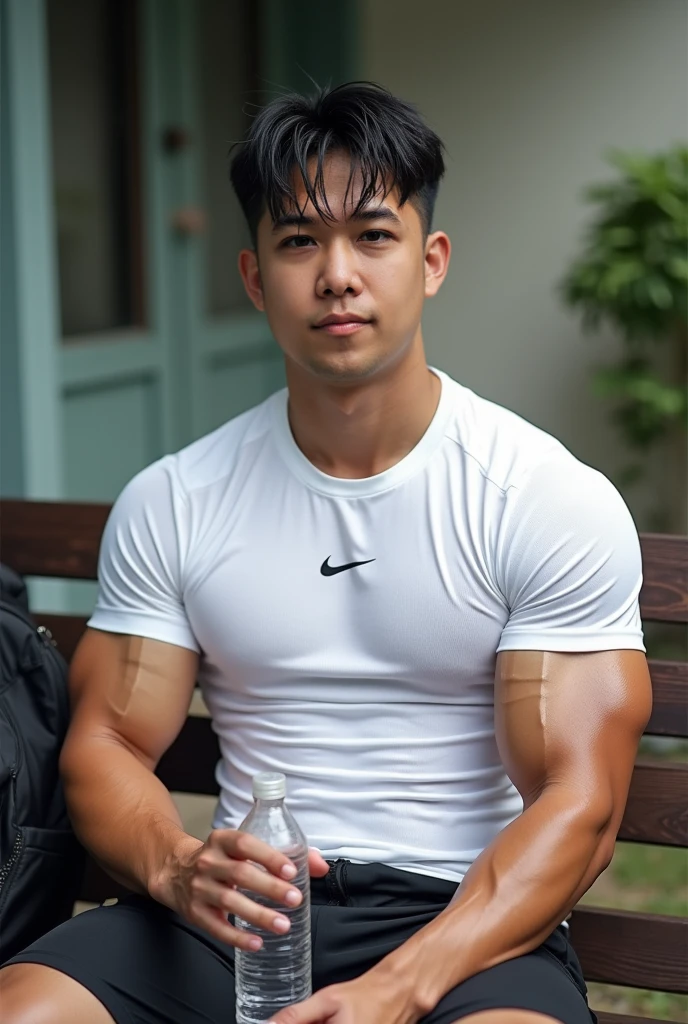 (masterpiece), best quality, expressive eyes, perfect face, 1 boy, 17 years old, maxican Muscular guy, bodybuilder,with tattoo, white tshirt, pants, suspenders, helmet, firemenoutfit, <lora:Clothing_-_Sexy_Firemen_Outfit:0.7, bare chest , puffy nipples , fat butt