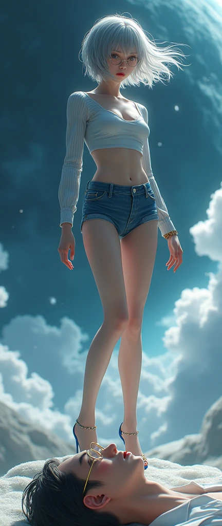 ((ultra-detalhado)), ((illustration)), beautiful landscape with sky above and floresta below AND ((ultra-detalhado)), ((illustration)), nebula, night sky and ((ultra-detalhado)), ((illustration)), lua cheia, night sky and ((ultra-detalhado)), ((illustration)), floresta, trees ((ultra-detalhado)), ((foto realista)), grama, campo, fluxo, water, Sozinho,, nanakusa nazuna, franja, black jaqueta, black camisa, shorts pretos, olhos azuis, blunt franja, seios, corte superior, sombra, presas, cabelo gradiente, cabelo cinza, hair rings, jaqueta, cabelo roxo claro, olhando para o espectador, inventar, cabelo multicolorido, boca, red sombra, camisa, shorts, sem mangas, sem mangas gola alta, sem mangas gola alta corte superior, small seios, Sozinho, gola alta, gola alta corte superior, cabelo em dois tons, vampiro,