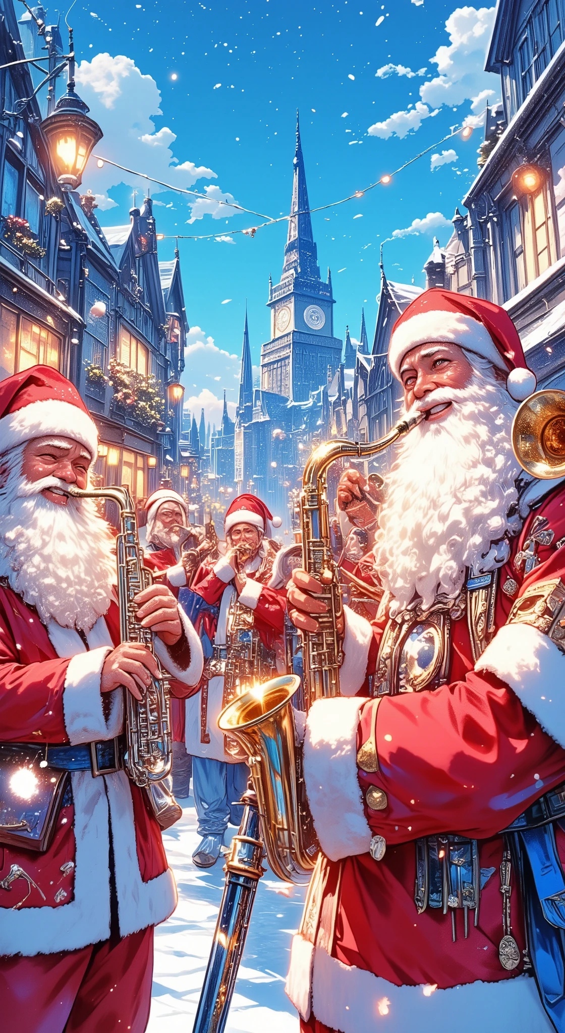 Group of street musicians dressed as Santa Claus playing music on the street, Jazzy and intense sound like Dizzy Gillespie, Europe, Apple Pie Scent, Yorkshire tea, Assosiation, dodger blue illustration, egyptian blue illustration, aroma, Universe, oriental blue illustration, for you, Christmas illustration, ultramarine illustration, beautiful lady, Stylish scenery and view, Illustration with cornflower blue as the main color, Bristol, Xmas illustration, village, royal blue illustration