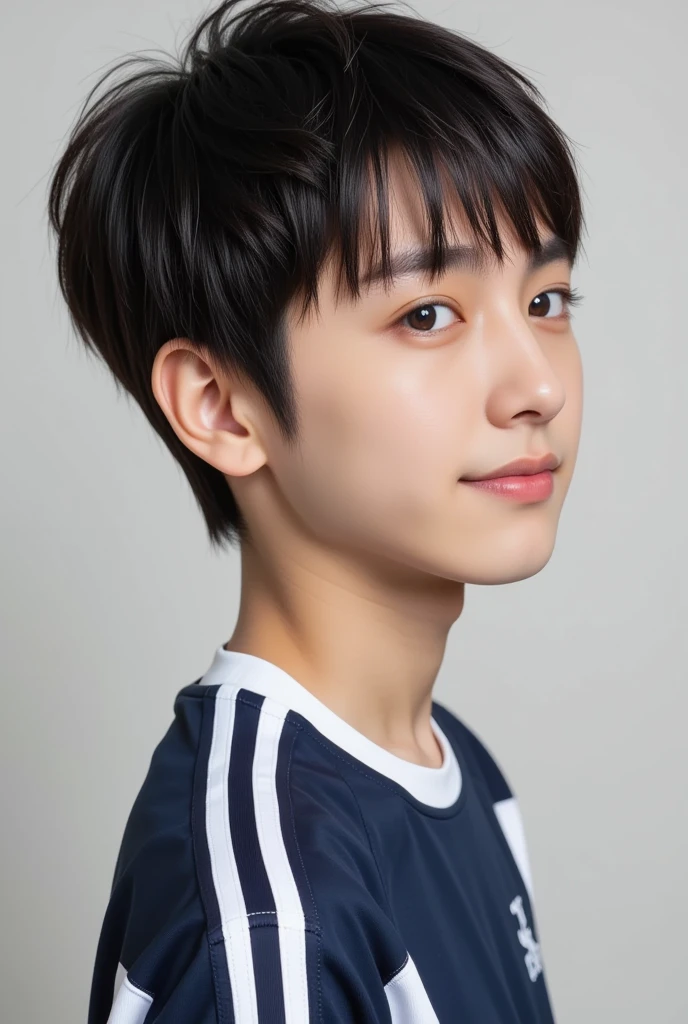 handsome mix korean japanese ten year old, boy, short black hair, black detailed eyes, gentle smile, sharp eyebrows, round face, cool, detailed face, small nose, in sports wear. (((((side profile))))) ((((facing left))))