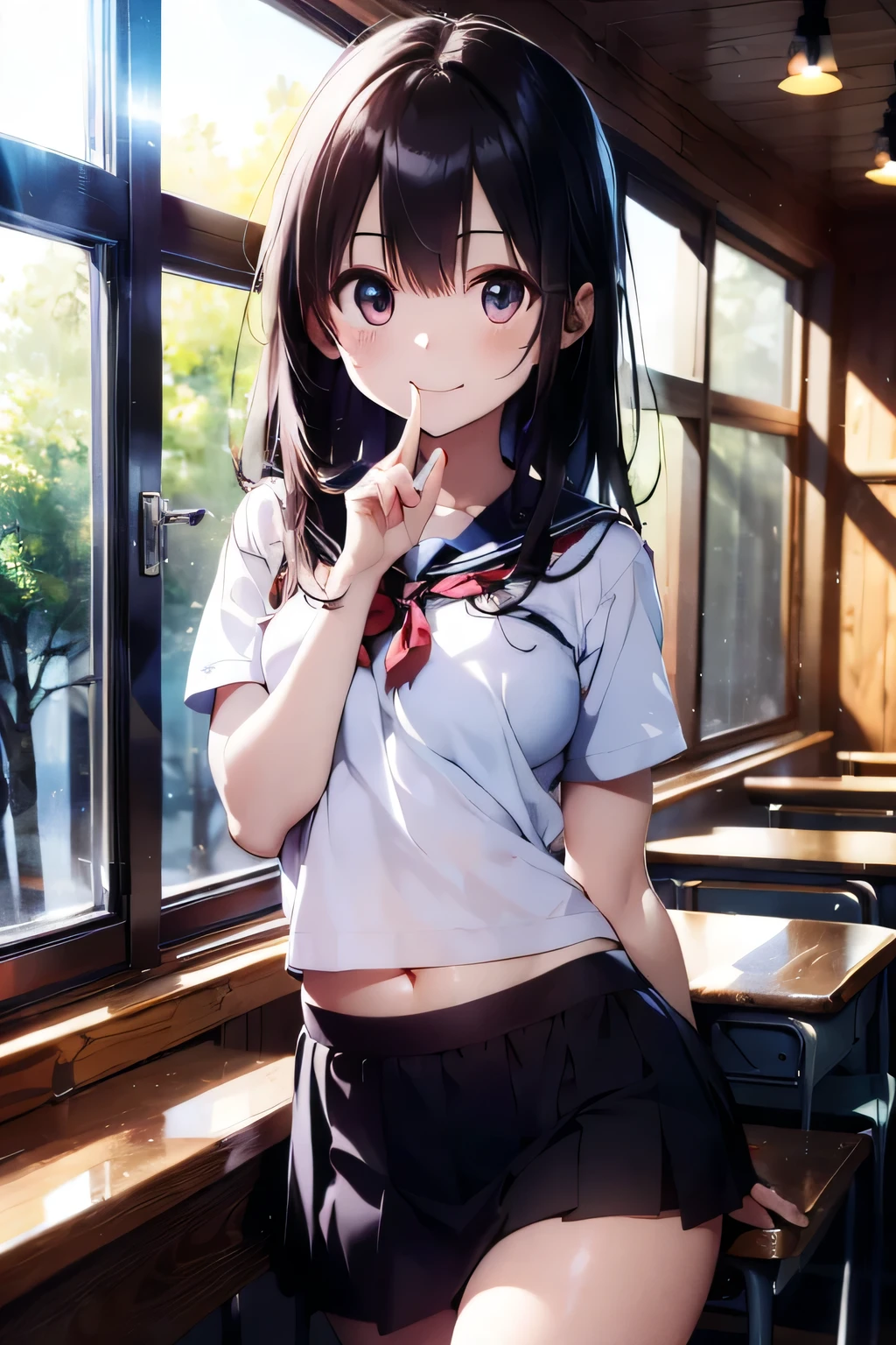 (extremely high quality artwork), (extremely detailed CG 8k), (masterpiece) ,(extremely cute girl), short, (innocent face), ((innocent smile)), shiny hair, (slim body), small breasts, ((beautiful detailed eyes)), brown eyes, (clear eyes), (eyes with brightness), correct finger shape, correct number of fingers, look at viewer, (school uniform), (short skirt), (sagging skirt), midriff peek, navel-baring, (thighs), beautiful skin, pale skin, shiny skin, (bright color), vibrant colors, uninhabited forest, natural light, (glare),