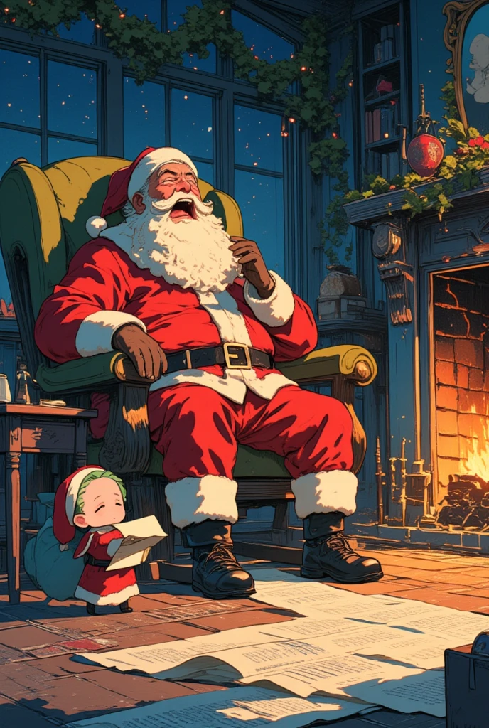 a manga illustration image of a giant Santa Claus wearing a small glasses, trying to cover his mouth while yawning on his rocking chair. It is inside his cozy house at night, Santa is sitting beside a fireplace. A cute chibi elf is reporting to Santa Claus, holding a very long scroll in his hands that flows across the floor like a wave. The camera is shot in a low angle to capture the size difference between a tiny elf and the gigantic Santa Claus.