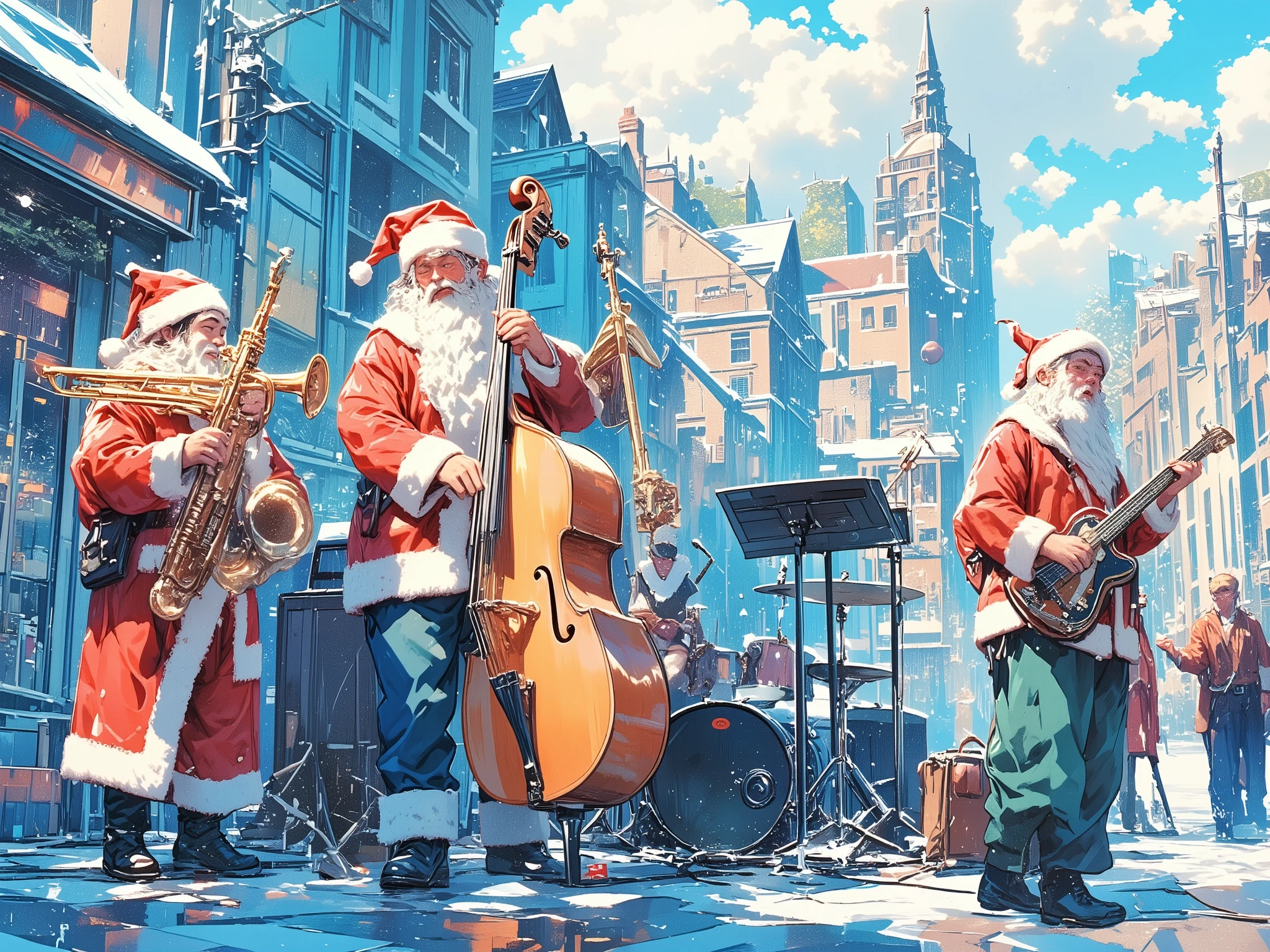 Group of street musicians dressed as Santa Claus playing music on the street, Jazzy and intense sound like Dizzy Gillespie, Europe, Apple Pie Scent, Yorkshire tea, Assosiation, dodger blue illustration, egyptian blue illustration, aroma, Universe, oriental blue illustration, for you, Christmas illustration, ultramarine illustration, beautiful lady, Stylish scenery and view, Illustration with cornflower blue as the main color, Bristol, Xmas illustration, village, royal blue illustration