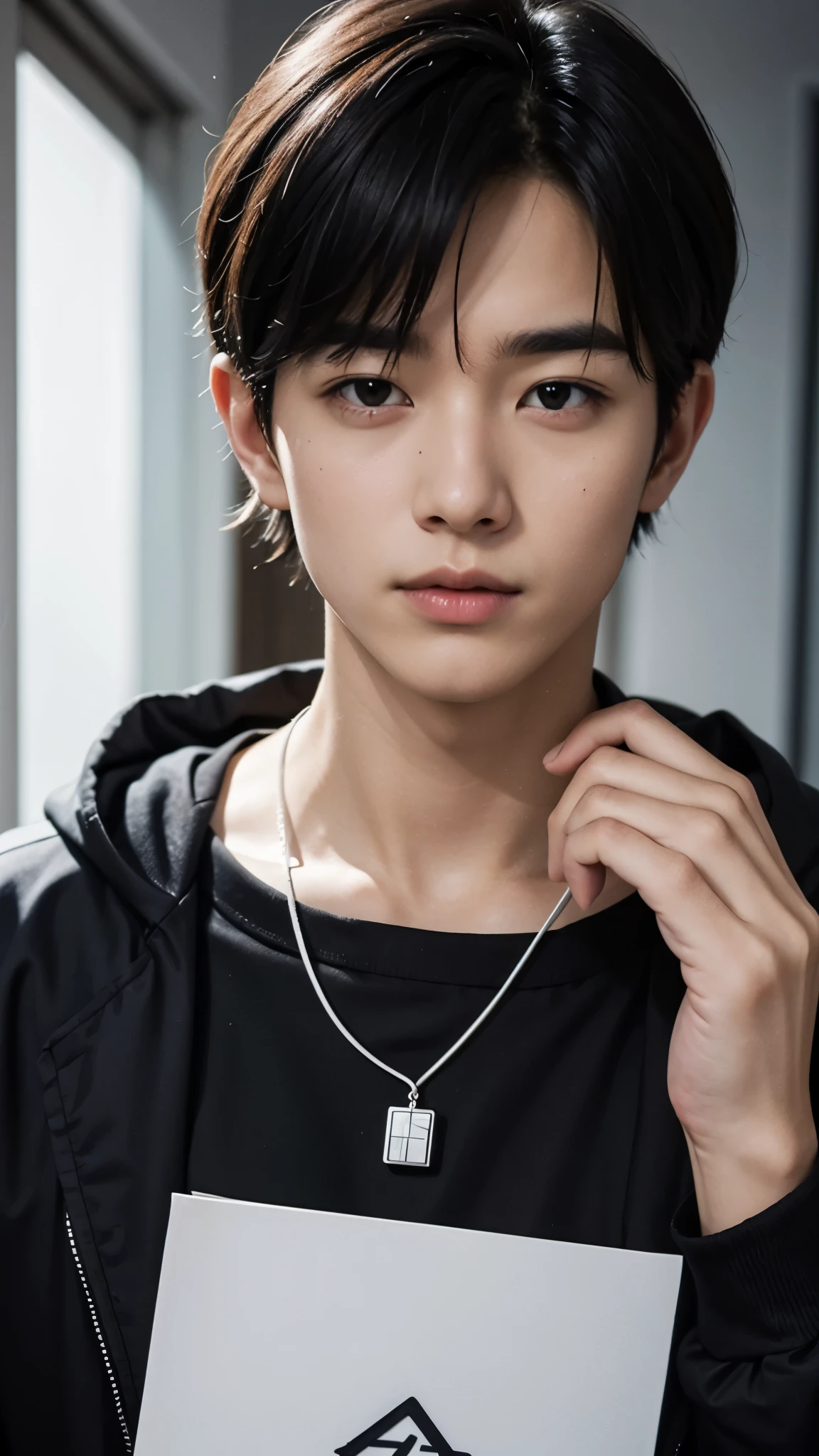 best quality, masterpiece, highres, 1boy asian, black_hair, blurry, closed_mouth, depth_of_field, grey_background, lips, looking_at_viewer, nose, portrait, realistic, shirt, simple_background, solo