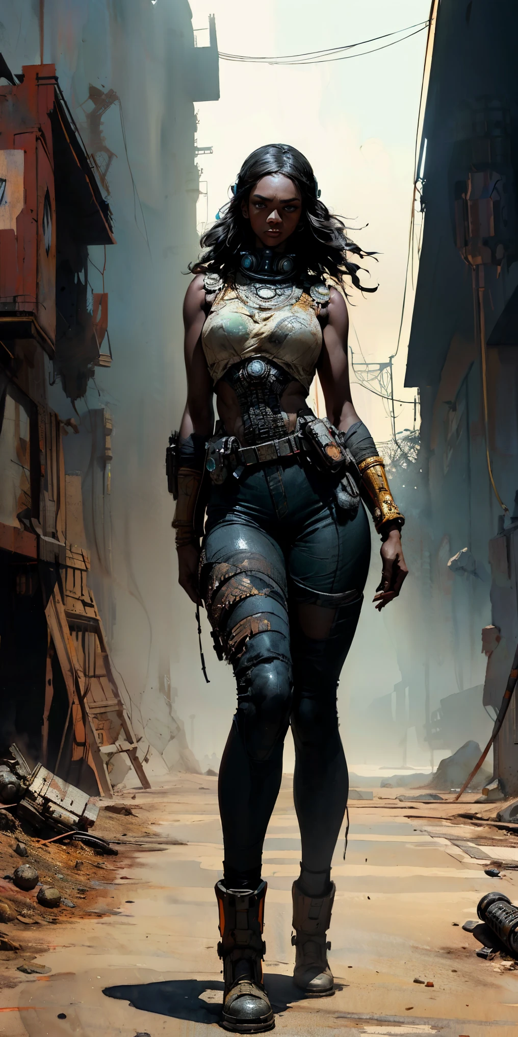 movie scene, a masterpiece (((an apocalyptic black girl with backpack on her back))), slender body with large breasts, breasts down, firm breasts, short torn shorts, (walking in a destroyed city behind), full body, Kim Jung gi, freedom, soul, digital illustration, sci-fi, perfect anatomy whole body, centered, approaching perfection, dynamic, highly detailed, watercolor painting,  art station, concept art, smooth, sharp focus, illustration, art by Carne Griffiths and Wadim Kashin, unique, award-winning, masterpiece