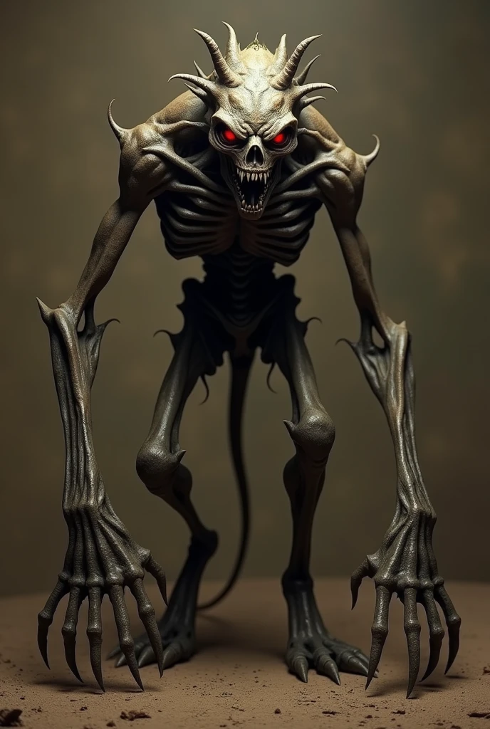 Disgusting skeletal and deformed hairy chimera with a long pointy tail with a single leg with goat hooves no eyes and with long horns, half dark academia, Estilo da DC Comics, Estilo da DC Comics