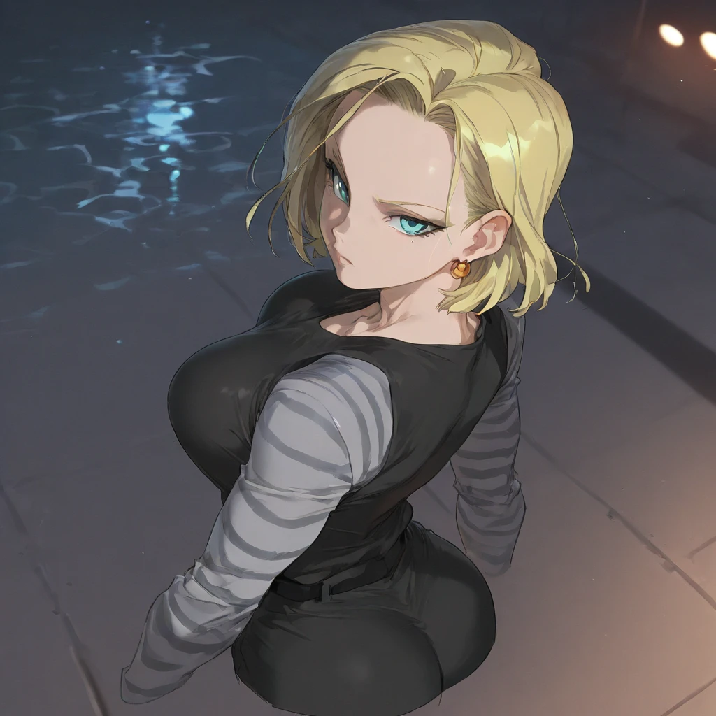 highest quality, High resolution, AND18, 1 girl, android 18, alone, blonde hair, blue eyes, short hair,earrings,big breasts, frown,blush, Sweat,1 girl, Black tight suit, streak,looking at the viewer,dense forest,the sky is cloudy,The water surface is black and murky,