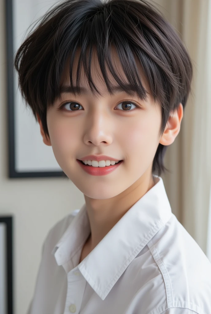 handsome mix korean japanese ten year old, boy, short black hair, black detailed eyes, gentle smile, sharp eyebrows, round face, cool, detailed face, small nose, in spring wear. (((((lookingside profile))))) ((((looking up))))