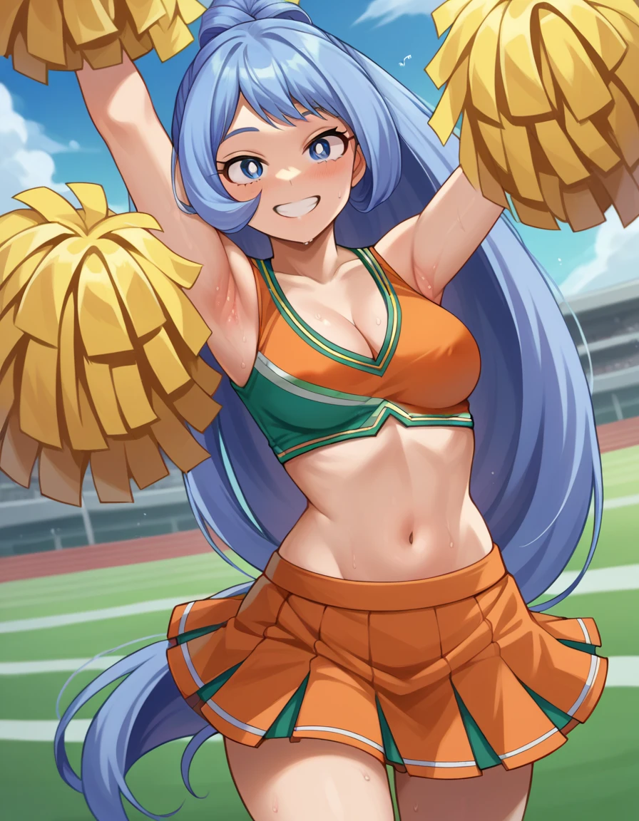 score_9, score_8_up, score_7_up, source_anime, nejirehadou, nejire hadou, blue eyes, blue hair, long hair, smile, cheerleader, crop top, holding pom poms, midriff, navel, orange skirt, pink footwear, pom pom \(cheerleading\), pom poms, ponytail, skirt, u.a. cheerleader uniform, outdoors, track and field, looking at viewer, dutch angle, cowboy shot, nipples, navel, deep navel, grin, looking at attention, close up, looking at viewer, blush, evil, undressing, cleavage, armpits, sweaty armpits