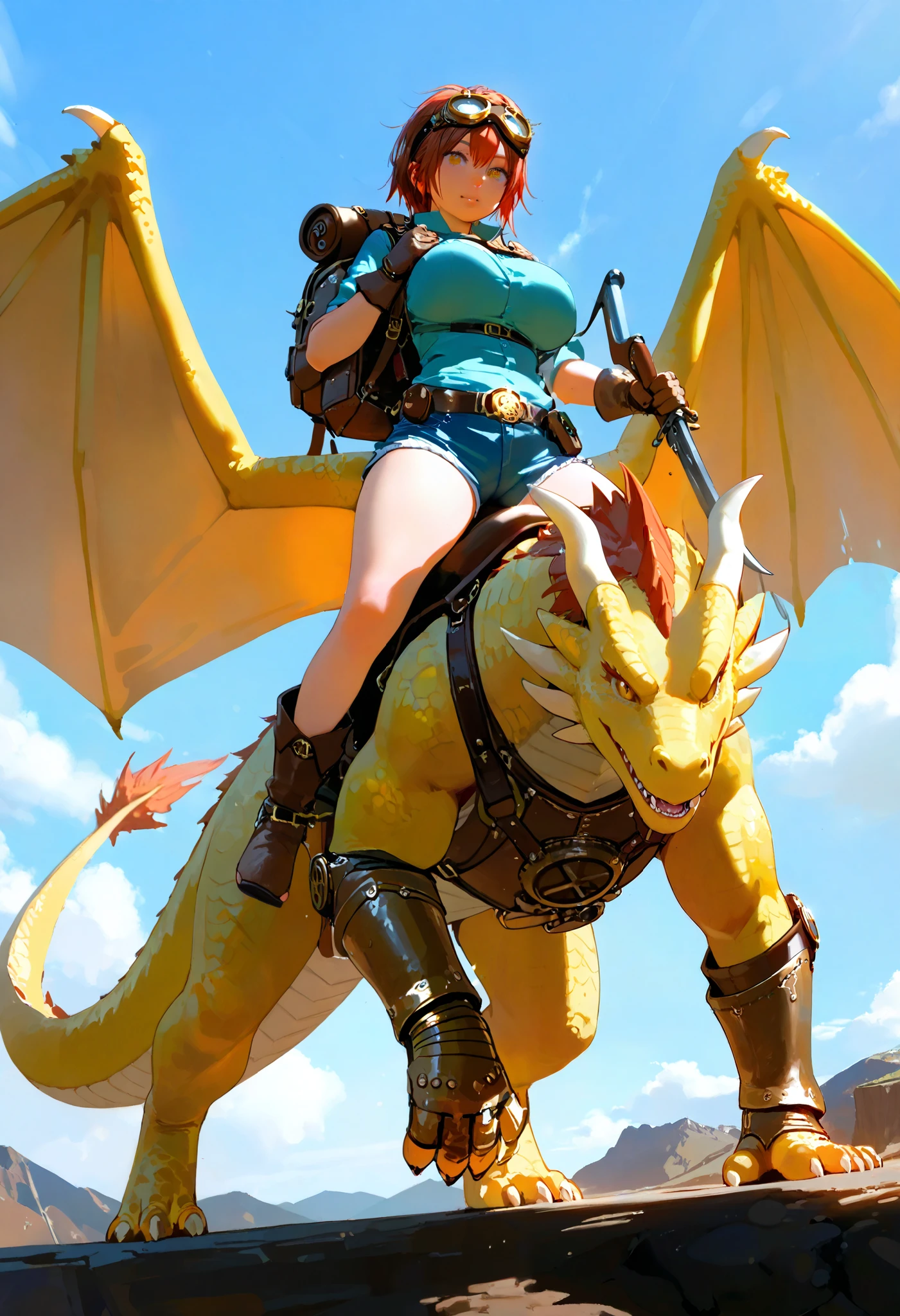  High Quality ,masterpiece, Perfect Anatomy, realistic,,Alone, dragon , big wings,Big tail, Big Bend ,Strong Forelegs , big breasts ,,yellow  dragon , Steampunk Style,goggles, Gauntlet , boots,Adventure Gear , backpack, Riding Saddle ,Carrying a Bayonet , Leather Plates , Shorts 