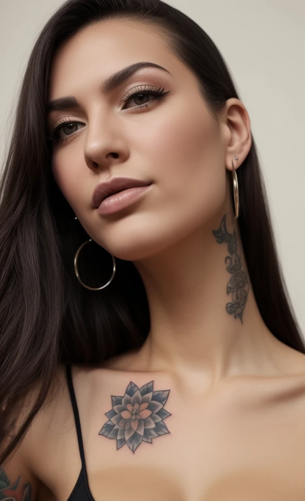 Create a full-body image based on the facial features and style of the image I provided. Ensure that the skin tones match exactly and include geometric mandala tattoos on the arms and shoulders. The style should be highly realistic, with 8K resolution, incorporating 3D and 4D effects to enhance the details. The background should be clean and minimalist, focusing on the figure itself. Maintain consistency with the original image's aesthetics and emphasize the smooth blending of the face with the body. Please render the image in a standing, confident pose.
