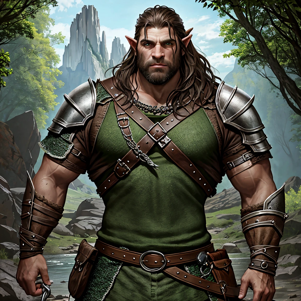 Portrait of a (half-orc (male) warrior), front view, (medium shot:1.3), one person standing, stooped build, tall and muscular build, long messy dark brown hair and beard, thick bushy eyebrows
BREAK
green eyes
BREAK
olive brown skin, pointed ears, (huge hyper-masculine lower jaw:1.5), (2 large lower canines pointed upwards similar to a boar’s tusks:1.2), (Dungeons and Dragons orcish features:1.1)
BREAK
wearing fantasy world costume of green and brown clothing under (chainmail armor) with a metal breastplate, realistic background of a fantasy world, (Dungeons_and_Dragons:1.2), (Game_of_Thrones), castle stone ruin, far torch lit on background, realistic, (photorealistic:1.3), light reflection