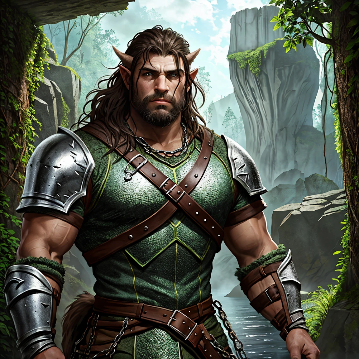 Portrait of a (half-orc (male) warrior), front view, (medium shot:1.3), one person standing, stooped build, tall and muscular build, long messy dark brown hair and beard, thick bushy eyebrows
BREAK
green eyes
BREAK
olive brown skin, pointed ears, (huge hyper-masculine lower jaw:1.5), (2 large lower canines pointed upwards similar to a boar’s tusks:1.2), (Dungeons and Dragons orcish features:1.1)
BREAK
wearing fantasy world costume of green and brown clothing under (chainmail armor) with a metal breastplate, realistic background of a fantasy world, (Dungeons_and_Dragons:1.2), (Game_of_Thrones), castle stone ruin, far torch lit on background, realistic, (photorealistic:1.3), light reflection