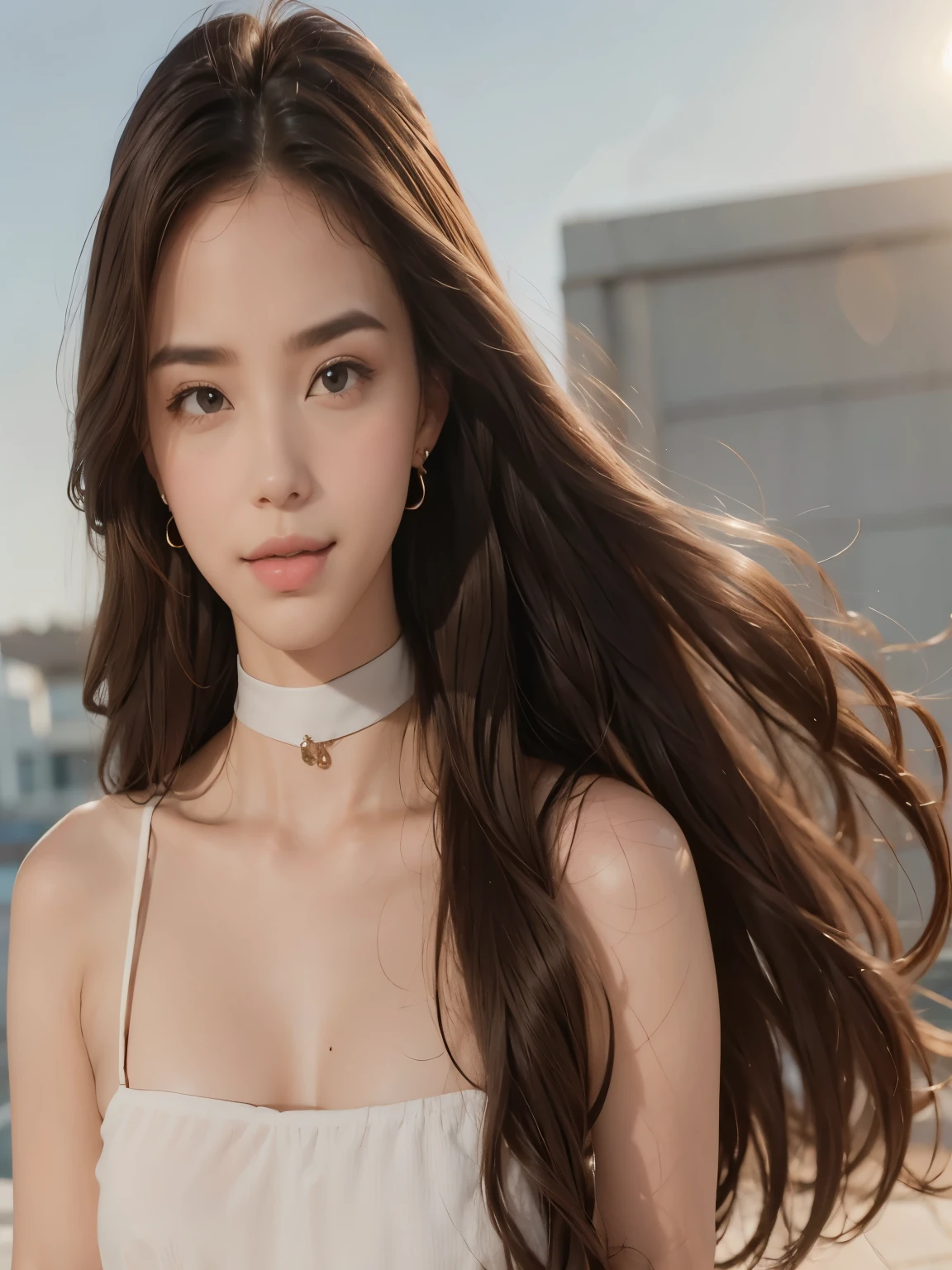 aug_girl_1,  smirk,long hair,in the sunshine,upper body,dynamic clothes,choker,earrings,