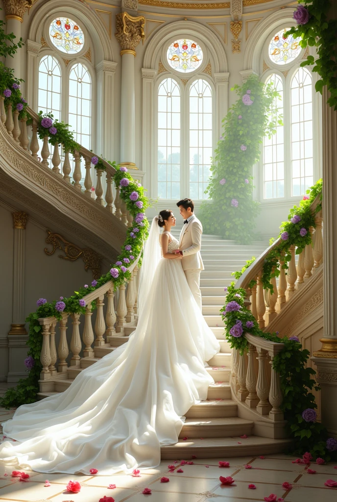 (8K, Raw, high detail, masterpiece,  top quality),rich color,(((  High Contrast with Windows  ))),This whole set of wedding photos creates an extremely romantic and dreamy scene,As if it came out of a fairy tale. The bride and groom stand on the stairs on the left side of the frame. The bride wears a pure white wedding dress,The skirt is long and fluffy,Creates a charming and noble beauty. This wedding dress is exquisitely designed,Can be lace or exquisite embroidery. Her hair can be neatly combed or left loose,With a a small wreath or decorative accessory. The groom stands confidently beside the bride,Choose a suitable white suit,A luxurious bow or cravat can be added. The neatly fitted suits highlight elegance and masculinity. Classical architecture,There is a staircase winding up in the distance,The curved railing,With artistic beauty and delicate carvings,On either side of the large curved staircase leading upstairs. The soft light shining in from the outside,Creates a bright and soft scene. The pale light shines through the stained glass windows,Highlight the palace motif and the couple's white outfits. The windows and railings are decorated with purple and green climbing flowers,Extends to the entire space,Creates a fresh and bright atmosphere. At the feet of the couple are a few freshly fallen rose petals,Creates a natural and poetic feeling. The arched window is made of stained glass,With classical patterns,Each window reflects the glittering colors when the sun shines. The palace's elaborately carved stone columns and arches,With classical decorative details,Creates a solemn and magnificent feeling. The luxurious royal scene is combined with the poetic beauty of nature,All are wonderful.,