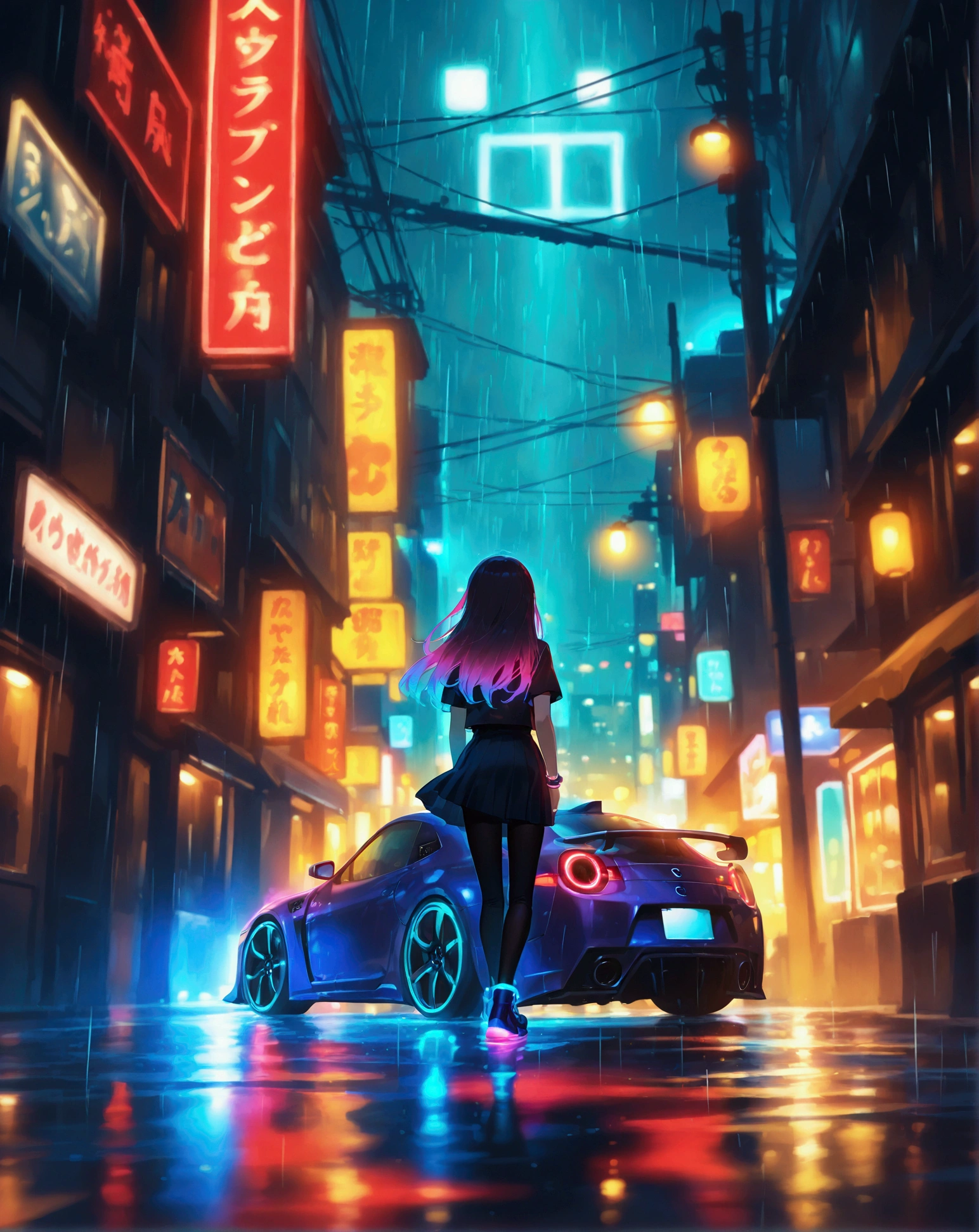 a digital illustration of a girl standing in rain, a nissan gtr in the back, neon glow