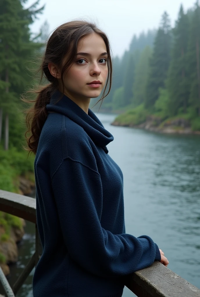 woman, samoilovaflux, Standing on a bridge overlooking a river wearing a navy blue sweater,  