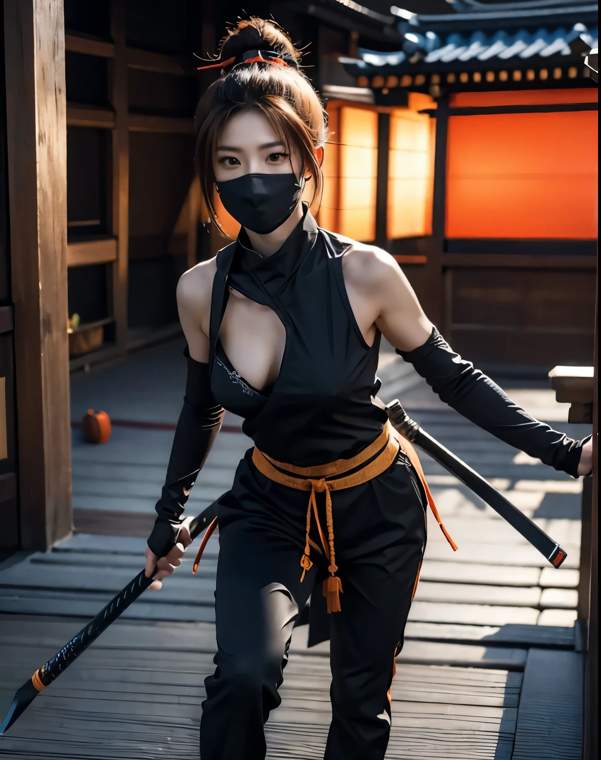 Highest quality,Ultra HD,Best AI Images, Full body photo,Rendering beautiful brush strokes, Very detailed vfx portrait of, Female ninja, A Japanese female ninja, cgsociety と fenghua zhong, Covert behavior, A female ninja, ((Covert behavior中)),Observing the enemy from a high vantage point 1.3,Japanese woman portrait, , Trending on deviantart, ((Orange short ninja costume.5,Sexy Ninja,Big Breasts)), Japanese spy, 3D Rendering, Beautiful face 1.5, Key Visual, Vibrant, (((Sengoku Period forest background))), Very detailed, grow,