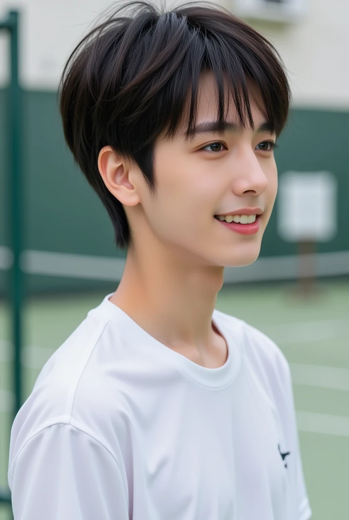 handsome mix korean japanese, boy, short black hair, black detailed eyes, gentle smile, sharp eyebrows, round face, cool, detailed face, small nose, in tennis attire. (((((side profile))))) ((((facing right))))