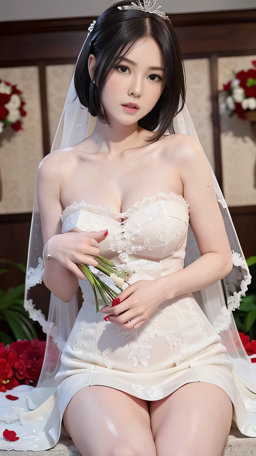 masterpiece:1.2, best quality), realistic, (real picture, intricate details, depth of field), (1girl, solo), make up, parted lips, highly-detailed, perfect face, (skindentation), thick thighs, wide hips, small waist, tall, glossy coral lips,, (A girl in a wedding dress with flowers in hands )), sexy, blushing, Mikasa from AOT