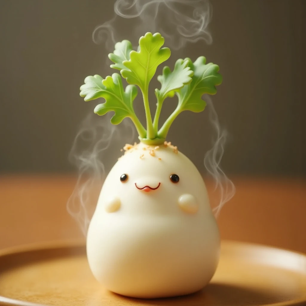 (masterpiece, top quality, very detailed depiction, Incredible Hi-Res,Photographic images),白い大根の形をしたmanju, looks delicious, steam , Green Leaves ,manju,It looks warm