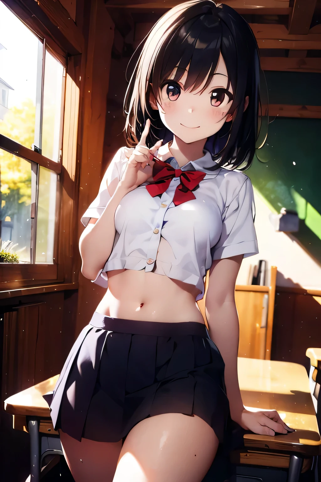 (extremely high quality artwork), (extremely detailed CG 8k), (masterpiece) ,(extremely cute girl), short, (innocent face), ((innocent smile)), shiny hair, (slim body), small breasts, ((beautiful detailed eyes)), brown eyes, (clear eyes), (eyes with brightness), correct finger shape, correct number of fingers, look at viewer, (school uniform), (short skirt), (sagging skirt), midriff peek, navel-baring, (thighs), beautiful skin, pale skin, shiny skin, (bright color), vibrant colors, uninhabited forest, natural light, (glare),