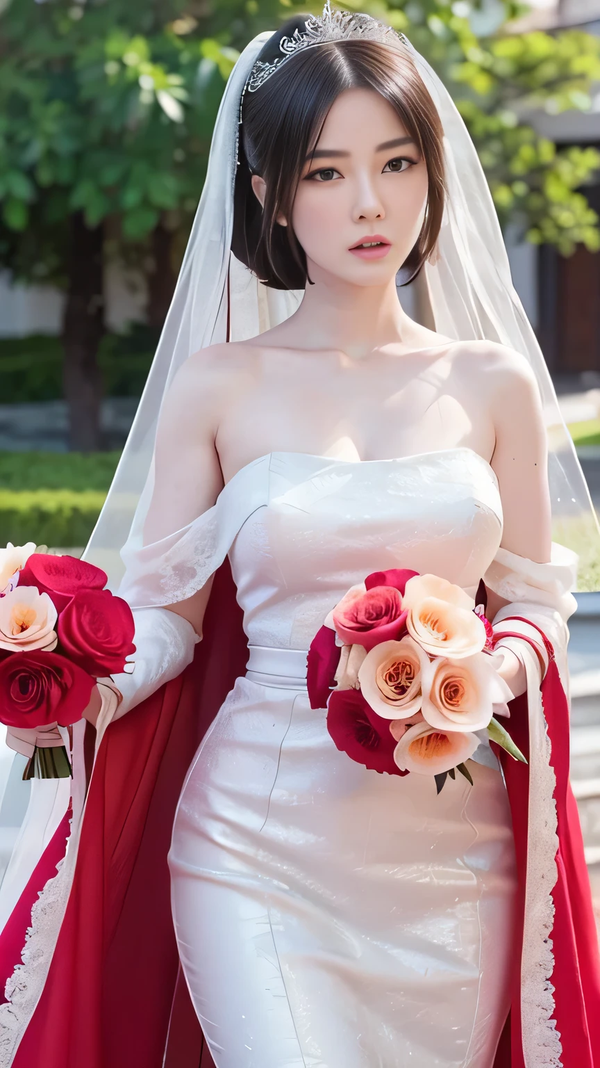 masterpiece:1.2, best quality), realistic, (real picture, intricate details, depth of field), (1girl, solo), make up, parted lips, highly-detailed, perfect face, (skindentation), thick thighs, wide hips, small waist, tall, glossy coral lips,, (A girl in a wedding dress with flowers in hands )), sexy, blushing, Mikasa from AOT