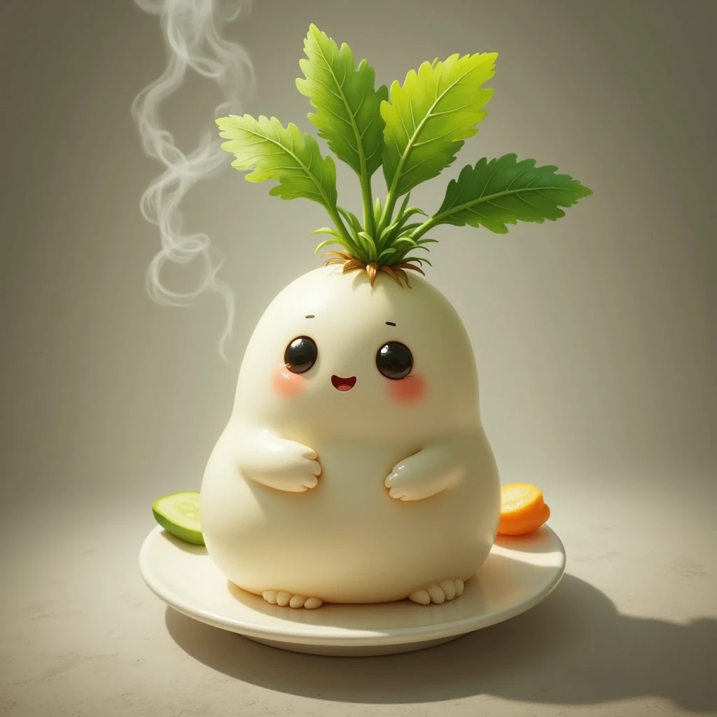 (masterpiece, top quality, very detailed depiction, Incredible Hi-Res,Photographic images),白い大根の形をしたmanju, looks delicious, steam , Green Leaves ,manju,It looks warm