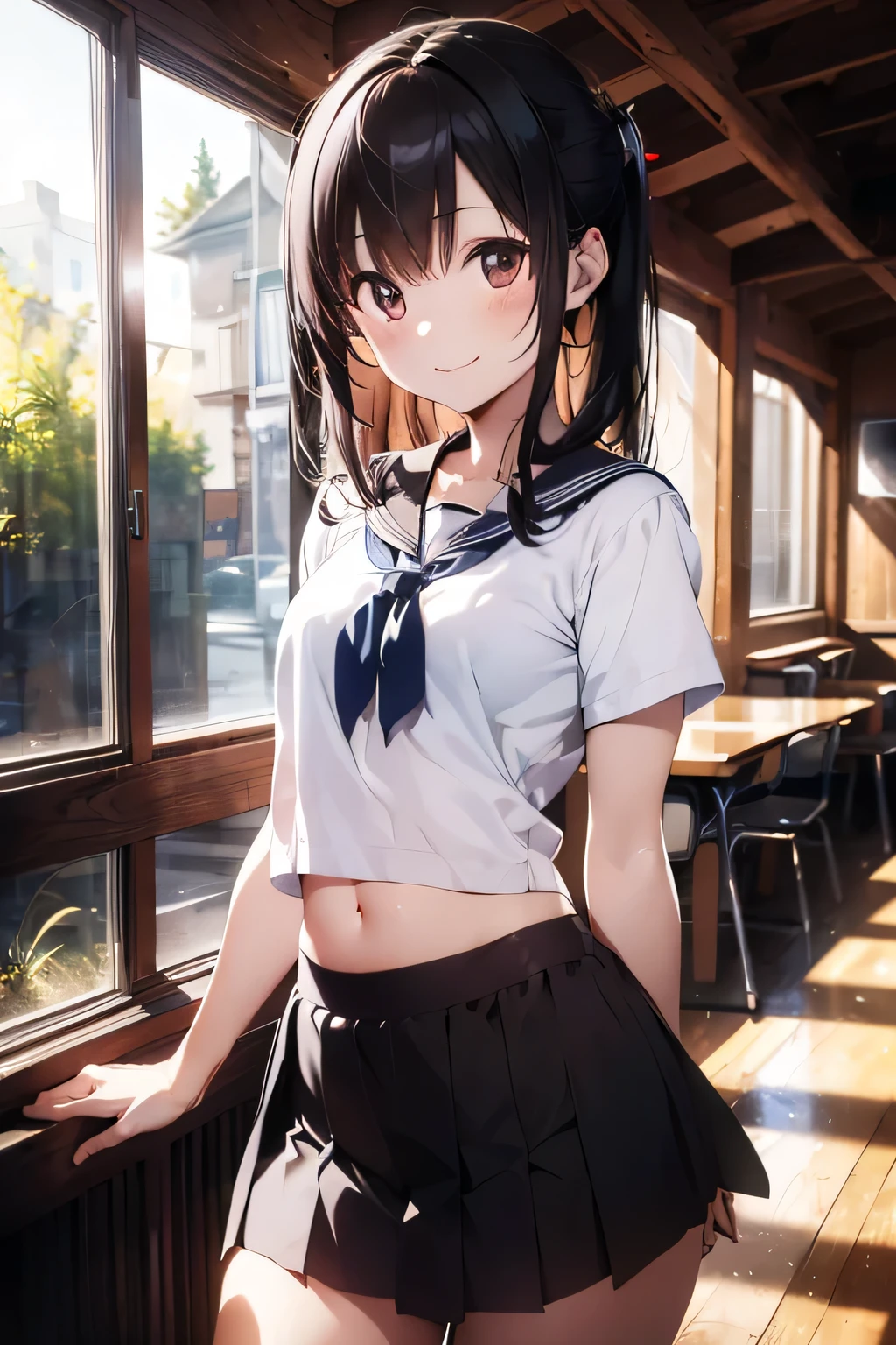 (extremely high quality artwork), (extremely detailed CG 8k), (masterpiece) ,(extremely cute girl), short, (innocent face), ((innocent smile)), shiny hair, (slim body), small breasts, ((beautiful detailed eyes)), brown eyes, (clear eyes), (eyes with brightness), correct finger shape, correct number of fingers, look at viewer, (school uniform), (short skirt), (sagging skirt), midriff peek, navel-baring, (thighs), beautiful skin, pale skin, shiny skin, (bright color), vibrant colors, uninhabited forest, natural light, (glare),