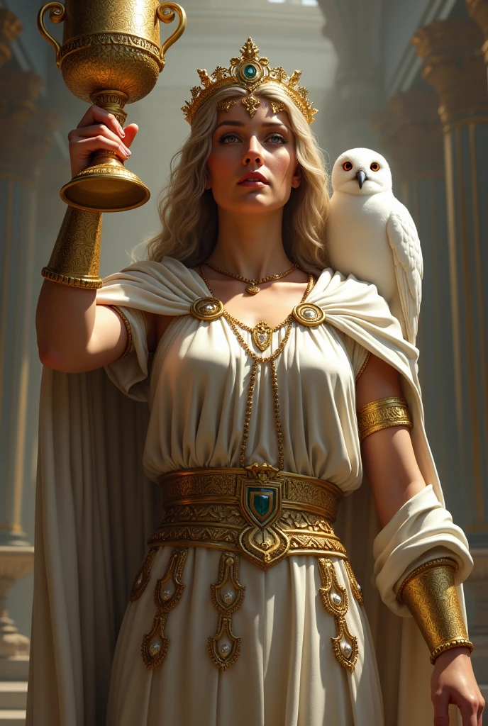 a beautiful greek goddess athena, long flowing hair, piercing intelligent eyes, elegant goddess dress, carrying an owl on her shoulder, a golden olive branch in her hand, magnificent temple background, highly detailed digital art, photorealistic, cinematic lighting, dramatic colors, masterpiece