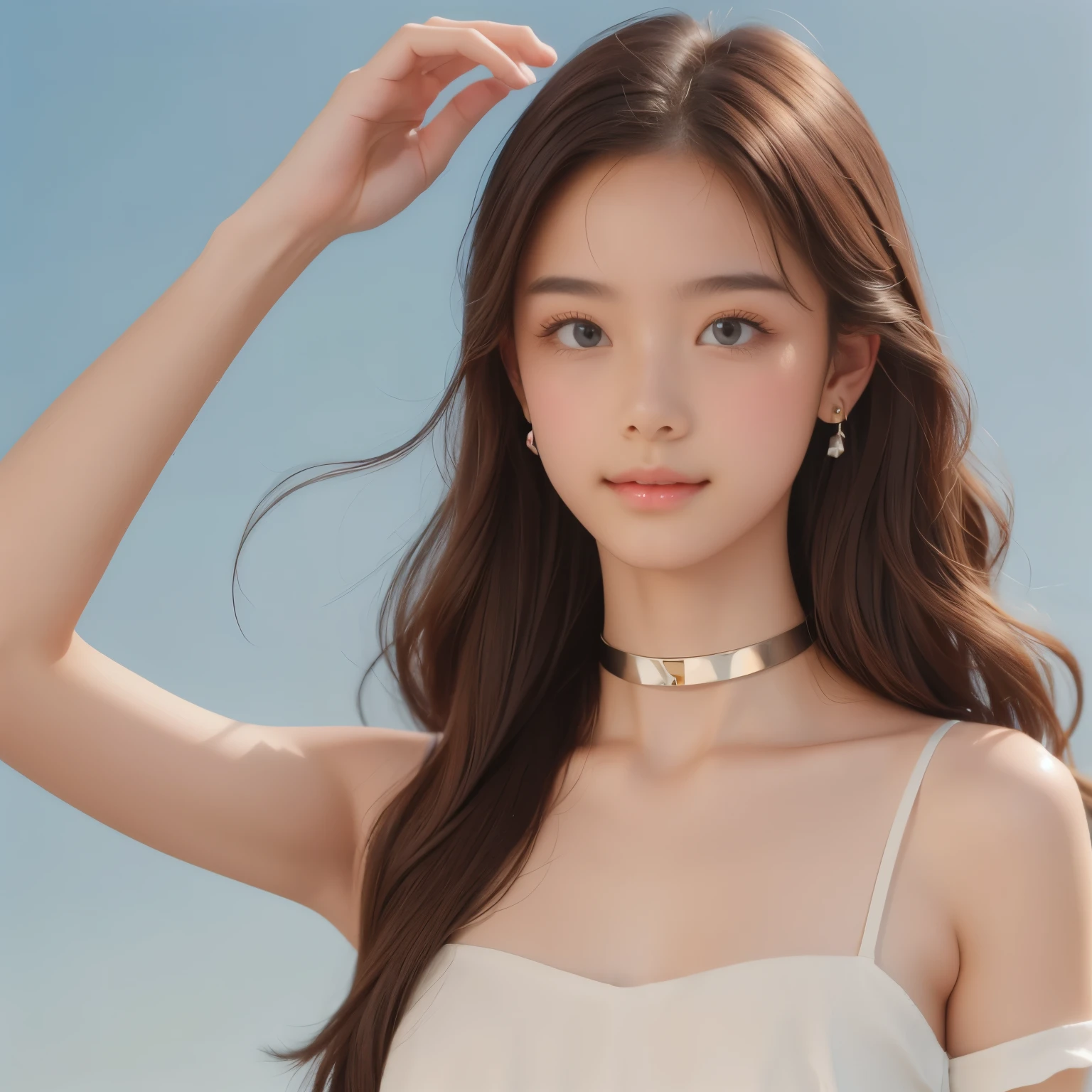 aug_girl_1, smirk,long hair,in the sunshine,upper body,dynamic clothes,choker,earrings,