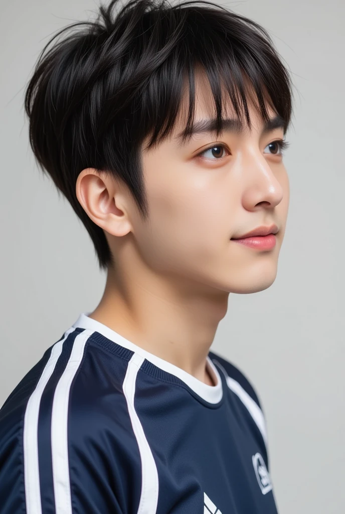 handsome mix korean japanese boy, short black hair, black detailed eyes, gentle smile, sharp eyebrows, round face, cool, detailed face, small nose, in sports wear. (((((side profile))))) ((((facing left))))